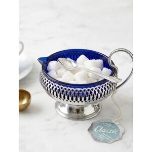 Mayell Classic Cobalt Blue Glass Bowl Chromium Holder Vintage Tagged England